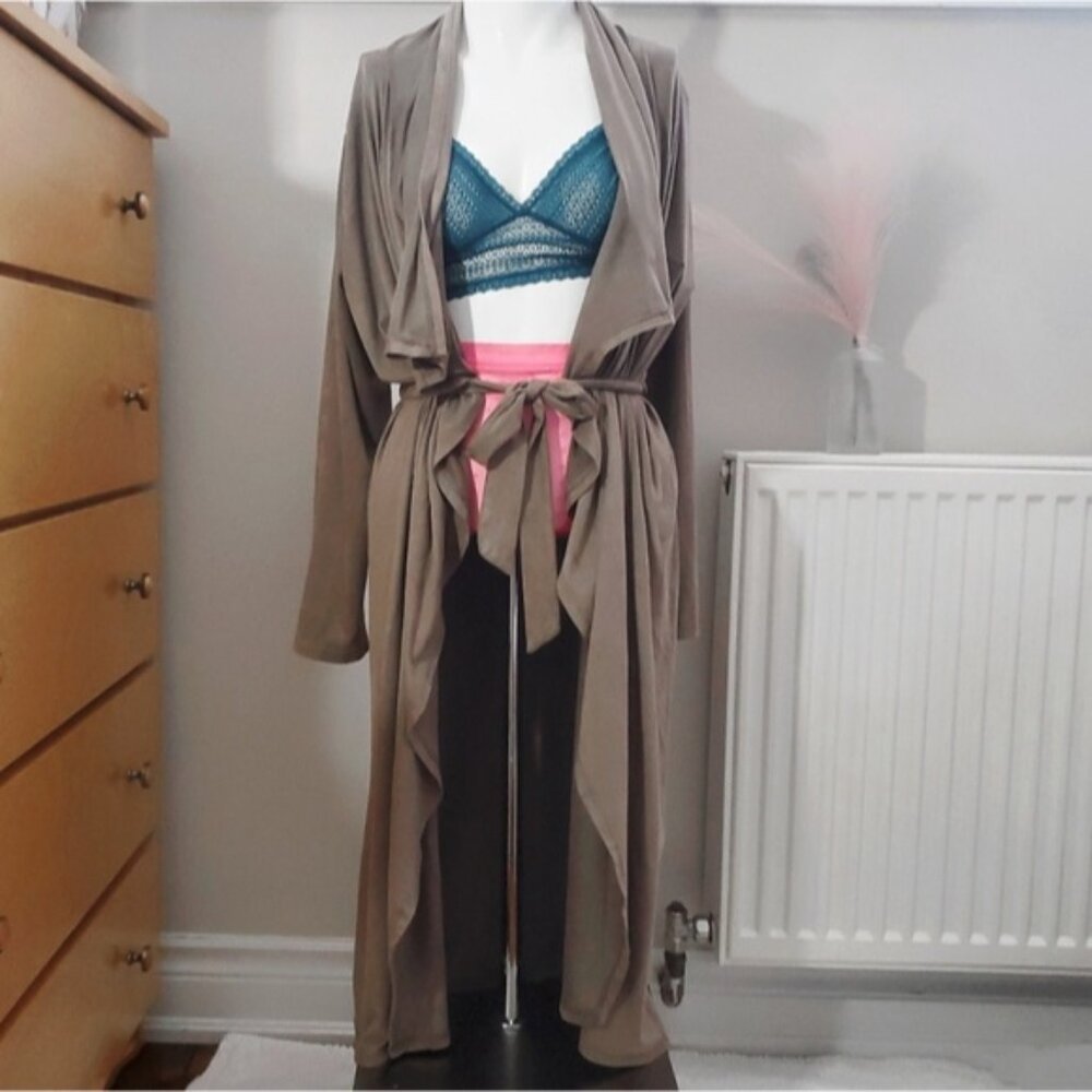 Vintage Y2K Super Soft Suedette Long Open Tie Waist Longline Trench Cardi
